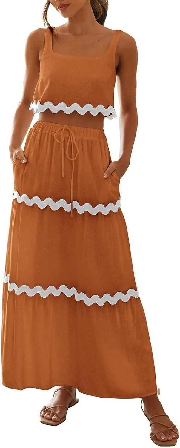 Two Piece Skirt Set For Women Trendy Summer Sleeveless Crop Tops High Waisted Maxi Skirt Sets Beach Vacation Outfits