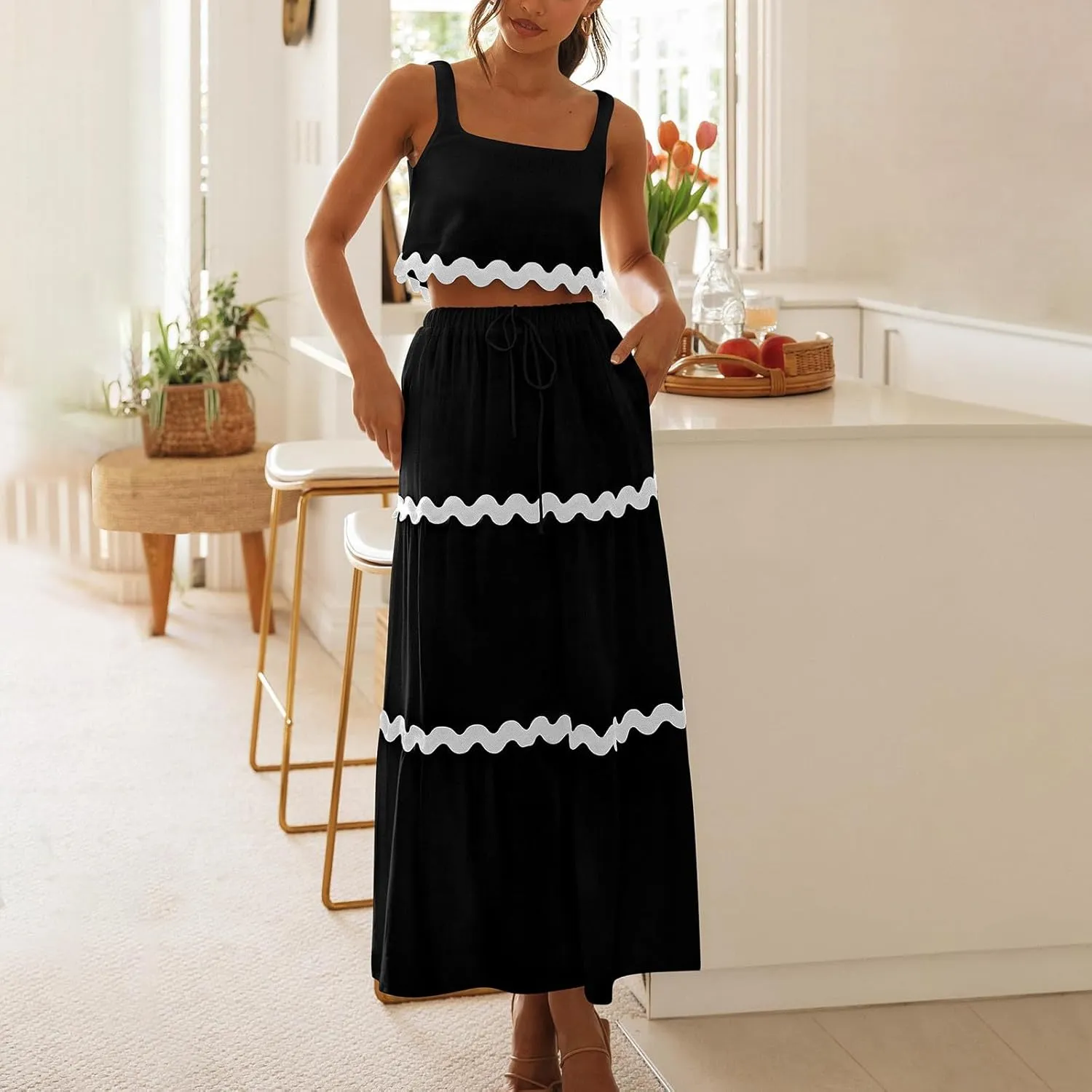 Two Piece Skirt Set For Women Trendy Summer Sleeveless Crop Tops High Waisted Maxi Skirt Sets Beach Vacation Outfits