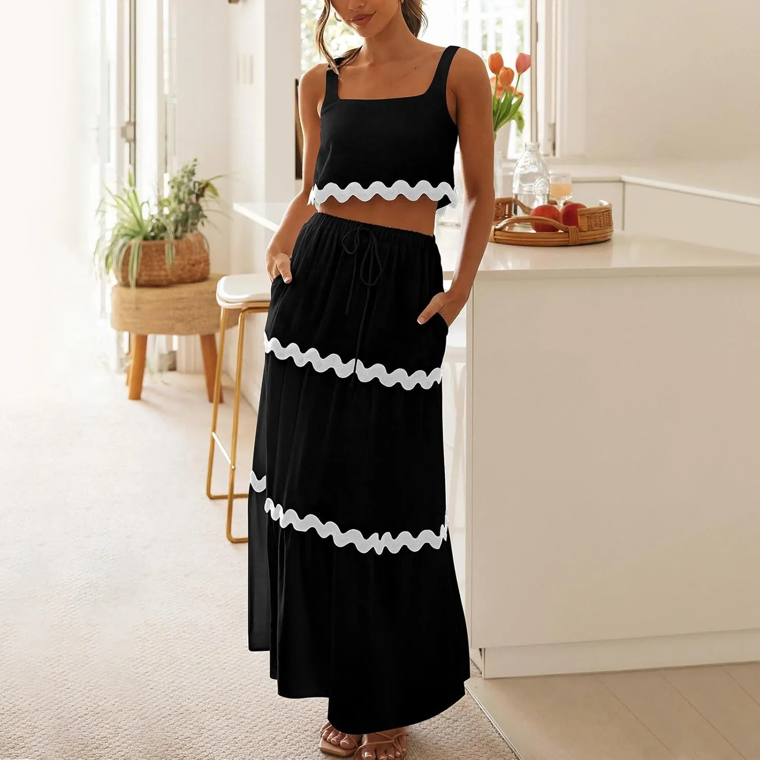 Two Piece Skirt Set For Women Trendy Summer Sleeveless Crop Tops High Waisted Maxi Skirt Sets Beach Vacation Outfits