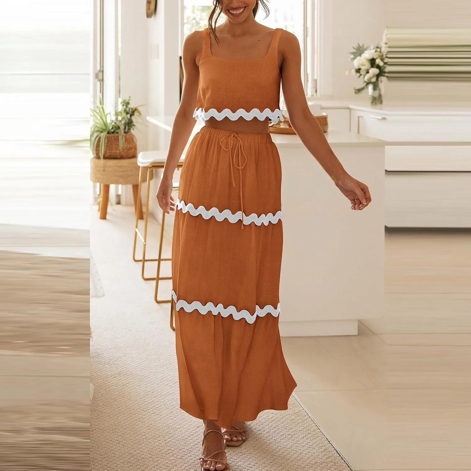 Two Piece Skirt Set For Women Trendy Summer Sleeveless Crop Tops High Waisted Maxi Skirt Sets Beach Vacation Outfits