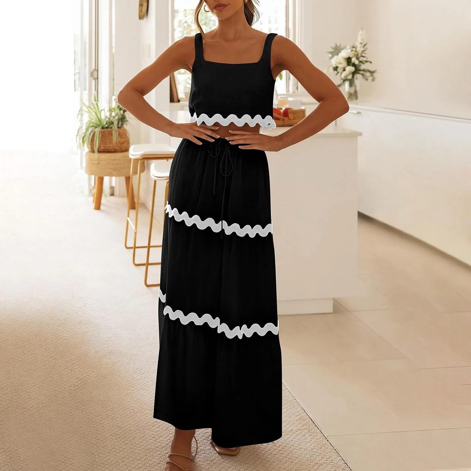 Two Piece Skirt Set For Women Trendy Summer Sleeveless Crop Tops High Waisted Maxi Skirt Sets Beach Vacation Outfits