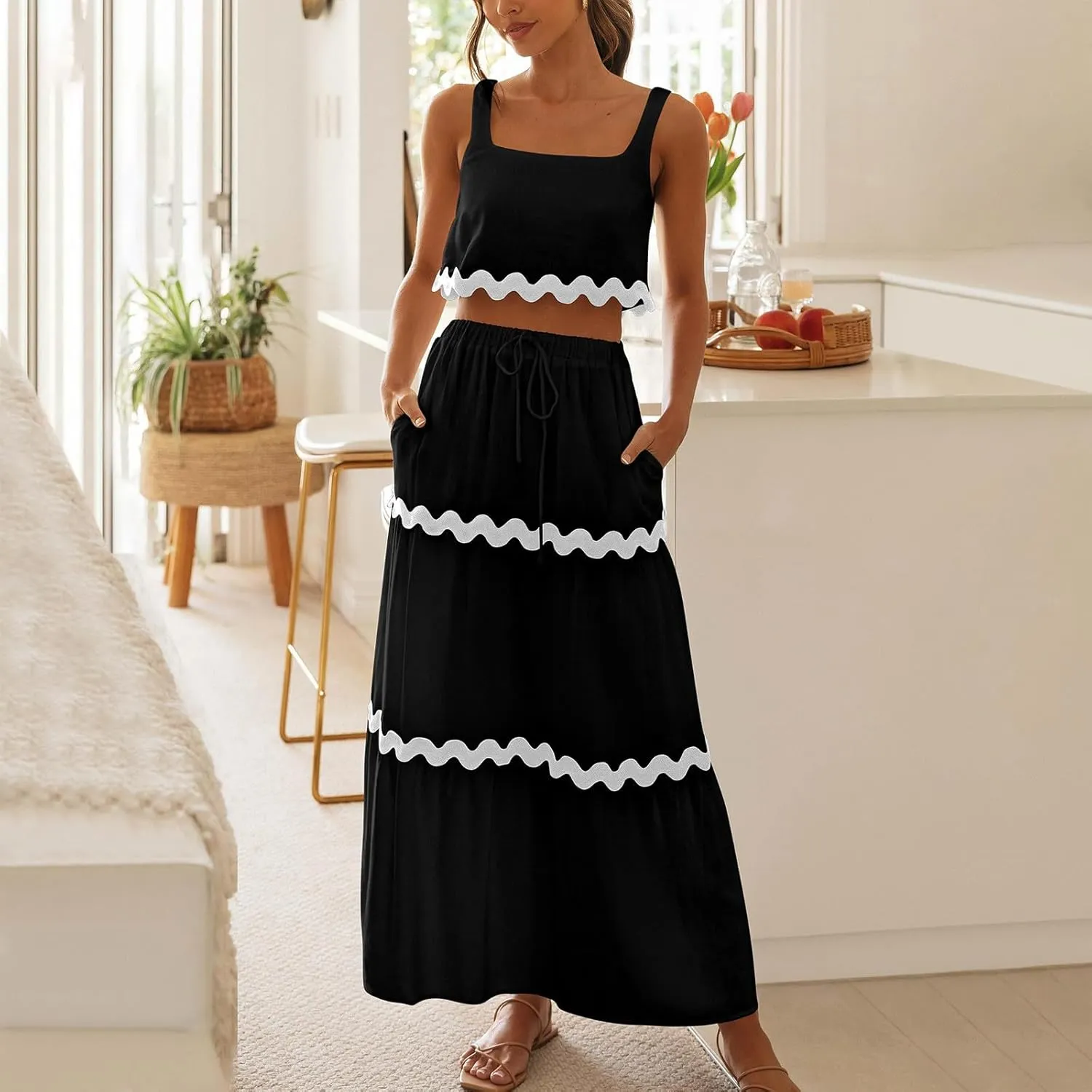 Two Piece Skirt Set For Women Trendy Summer Sleeveless Crop Tops High Waisted Maxi Skirt Sets Beach Vacation Outfits