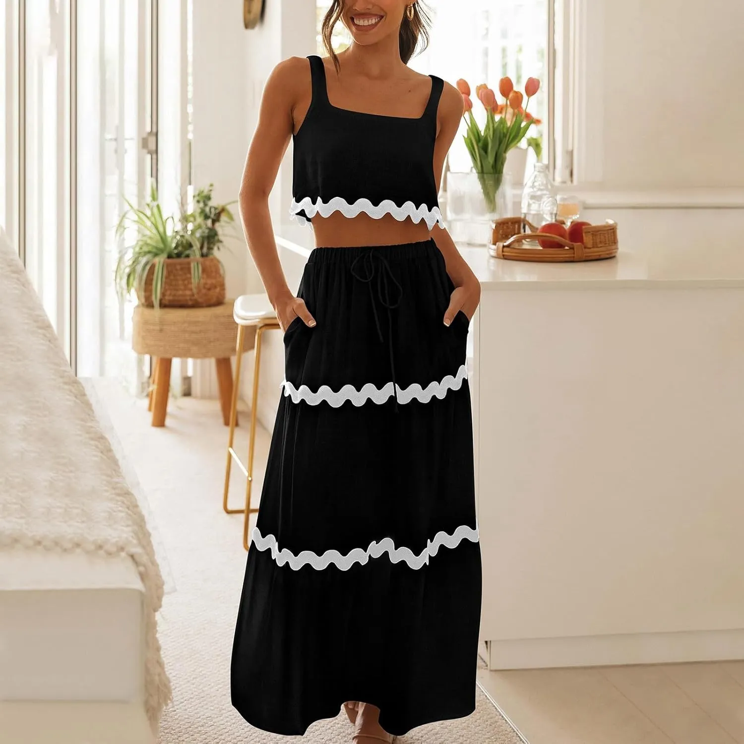 Two Piece Skirt Set For Women Trendy Summer Sleeveless Crop Tops High Waisted Maxi Skirt Sets Beach Vacation Outfits