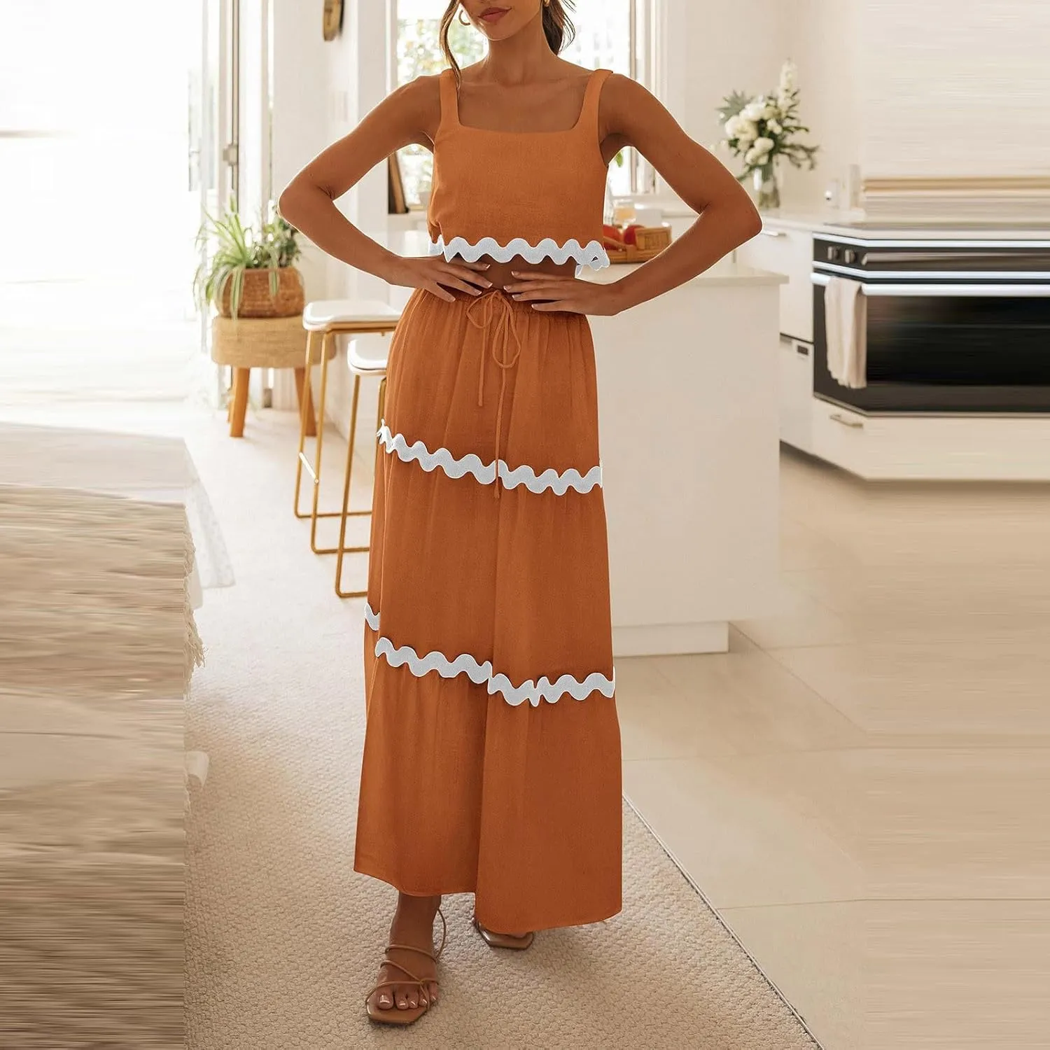 Two Piece Skirt Set For Women Trendy Summer Sleeveless Crop Tops High Waisted Maxi Skirt Sets Beach Vacation Outfits