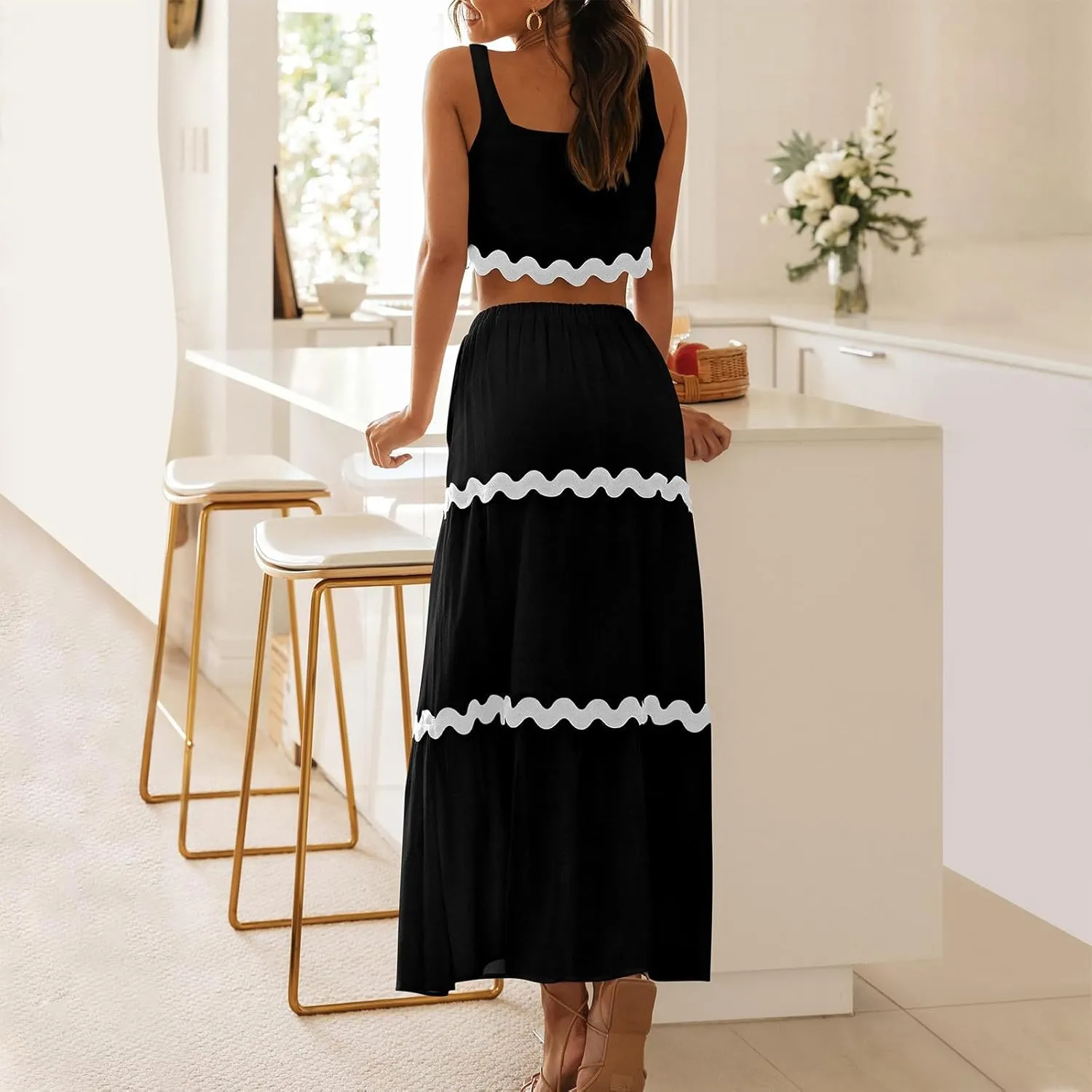 Two Piece Skirt Set For Women Trendy Summer Sleeveless Crop Tops High Waisted Maxi Skirt Sets Beach Vacation Outfits
