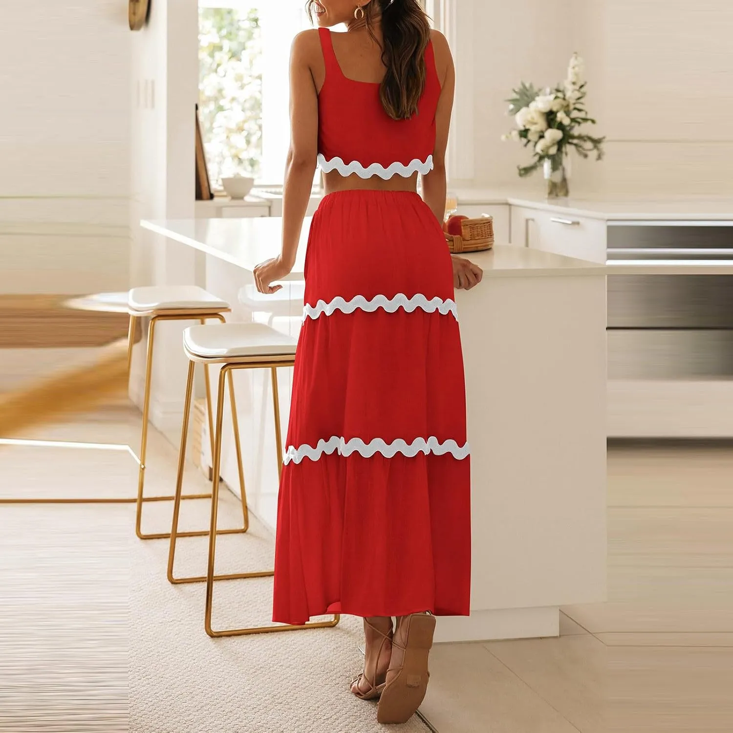 Two Piece Skirt Set For Women Trendy Summer Sleeveless Crop Tops High Waisted Maxi Skirt Sets Beach Vacation Outfits