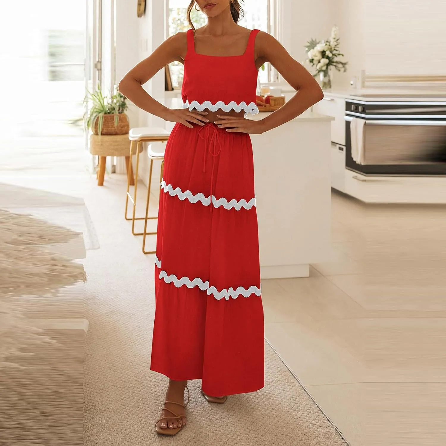 Two Piece Skirt Set For Women Trendy Summer Sleeveless Crop Tops High Waisted Maxi Skirt Sets Beach Vacation Outfits