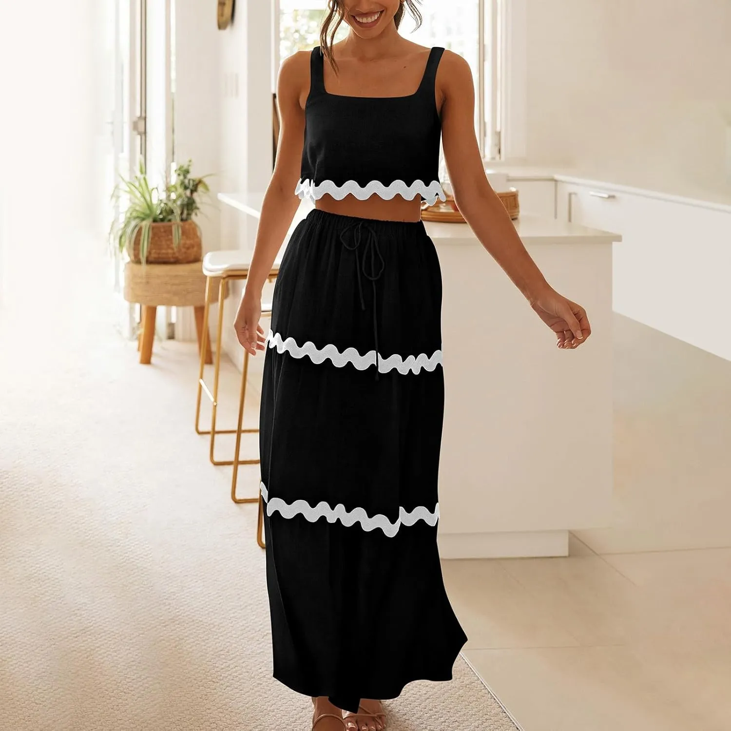 Two Piece Skirt Set For Women Trendy Summer Sleeveless Crop Tops High Waisted Maxi Skirt Sets Beach Vacation Outfits