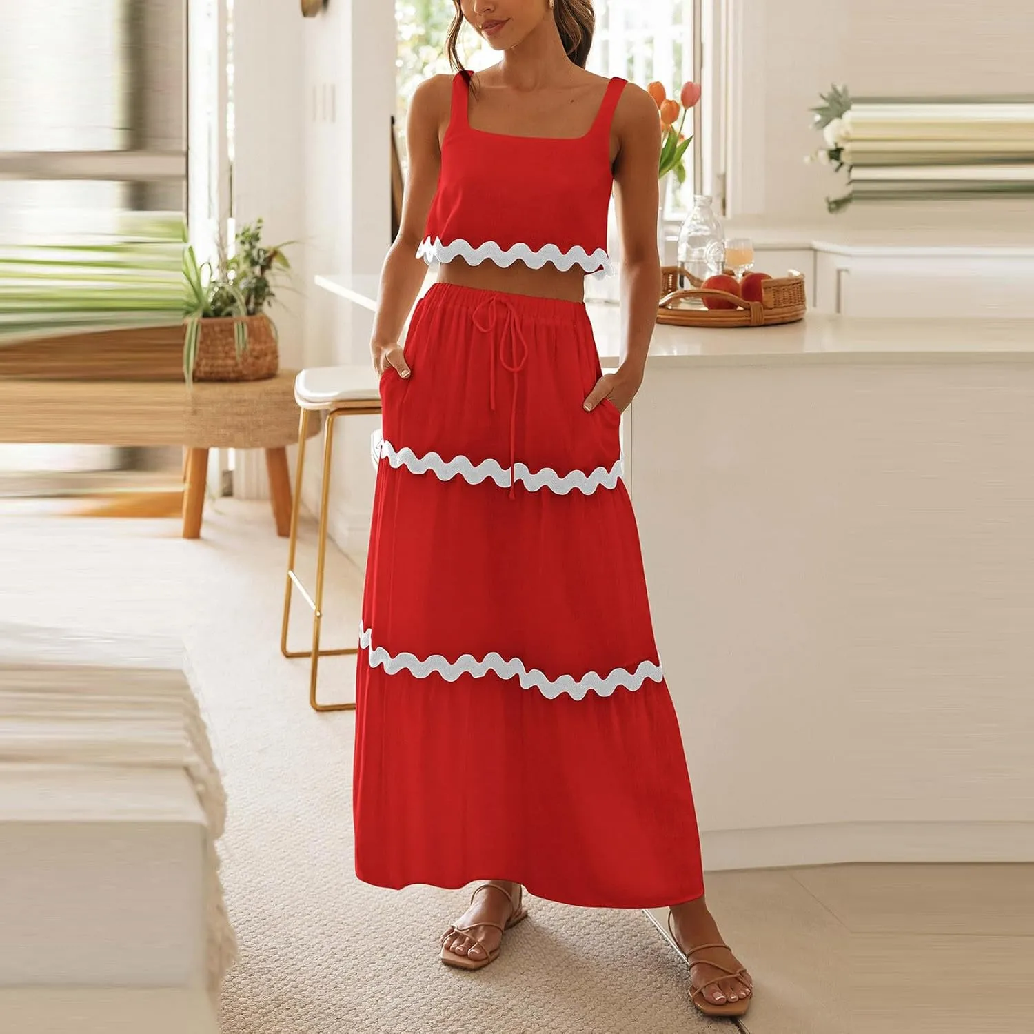Two Piece Skirt Set For Women Trendy Summer Sleeveless Crop Tops High Waisted Maxi Skirt Sets Beach Vacation Outfits