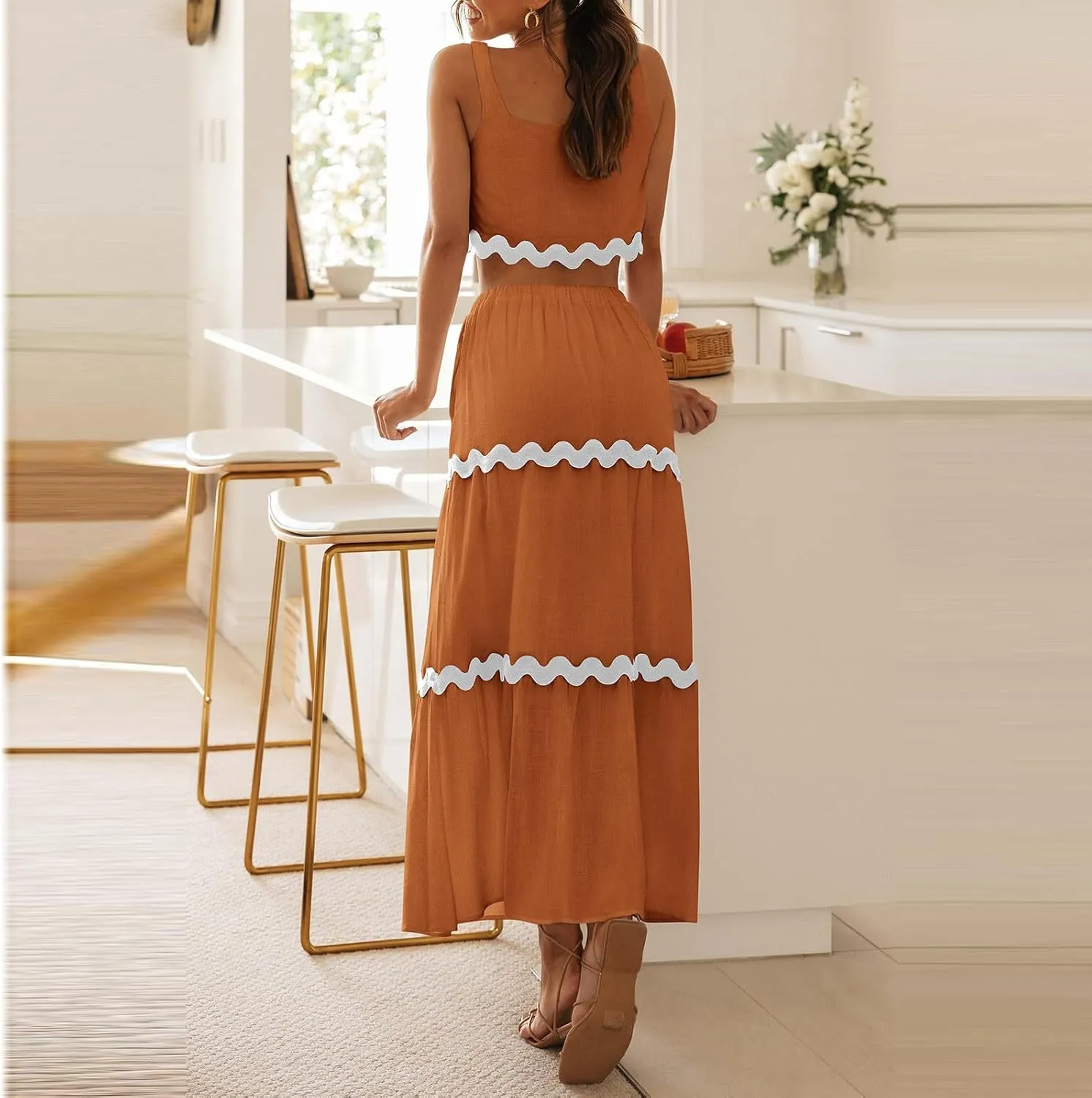 Two Piece Skirt Set For Women Trendy Summer Sleeveless Crop Tops High Waisted Maxi Skirt Sets Beach Vacation Outfits