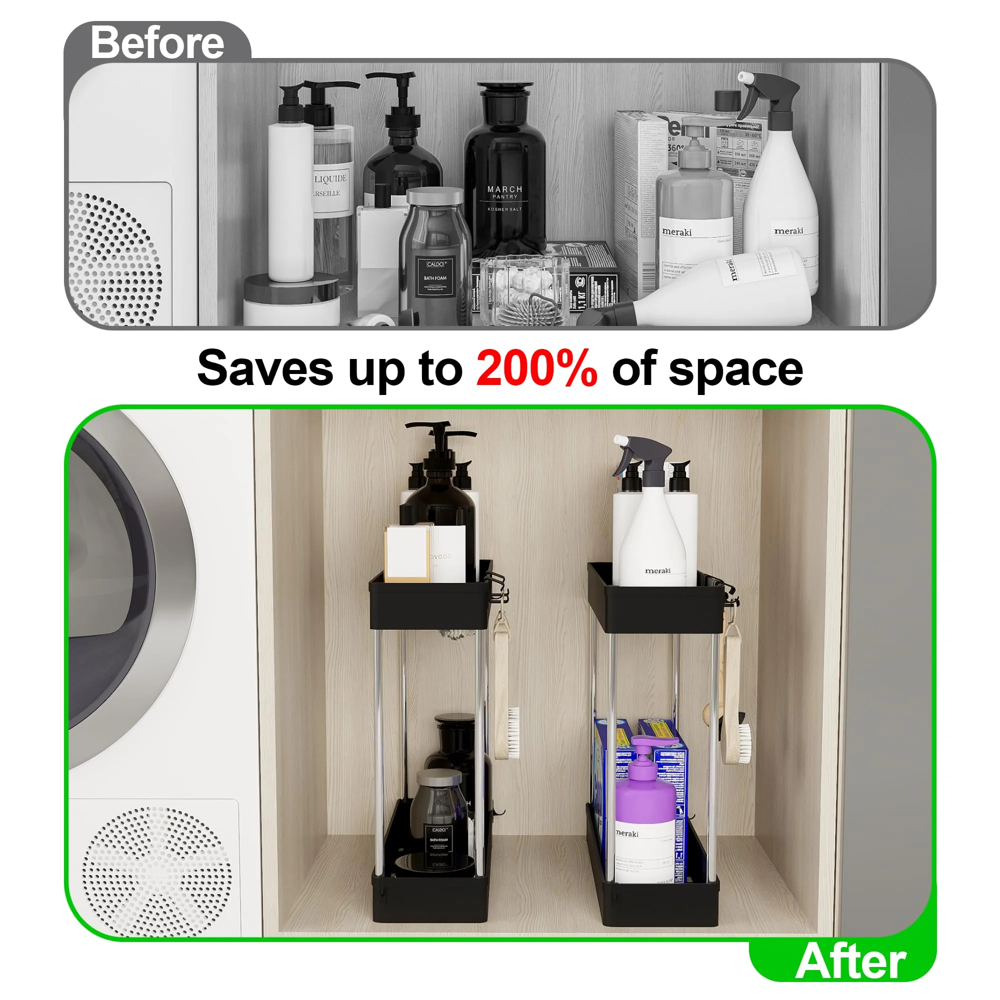 Under Sink Organizer, 2 Pack Under Sink Organizers and Storage, 2-tier Bathroom Cabinet Organizer with Hooks, Kitchen Organizers and Storage for Bathroom, Laundry, Pantry