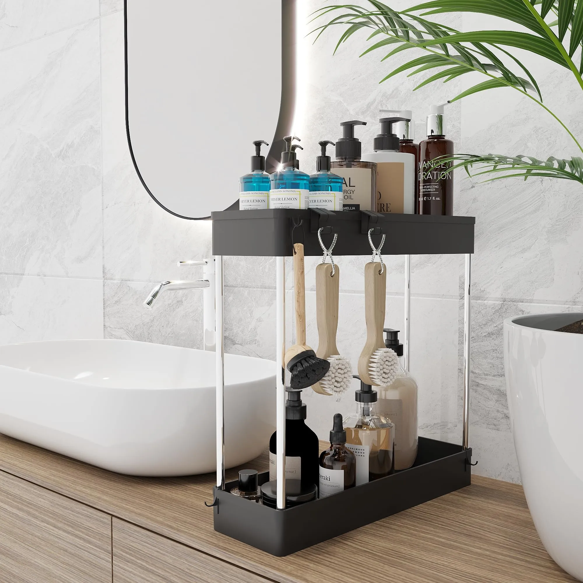Under Sink Organizer, 2 Pack Under Sink Organizers and Storage, 2-tier Bathroom Cabinet Organizer with Hooks, Kitchen Organizers and Storage for Bathroom, Laundry, Pantry