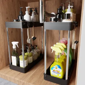 Under Sink Organizer, 2 Pack Under Sink Organizers and Storage, 2-tier Bathroom Cabinet Organizer with Hooks, Kitchen Organizers and Storage for Bathroom, Laundry, Pantry