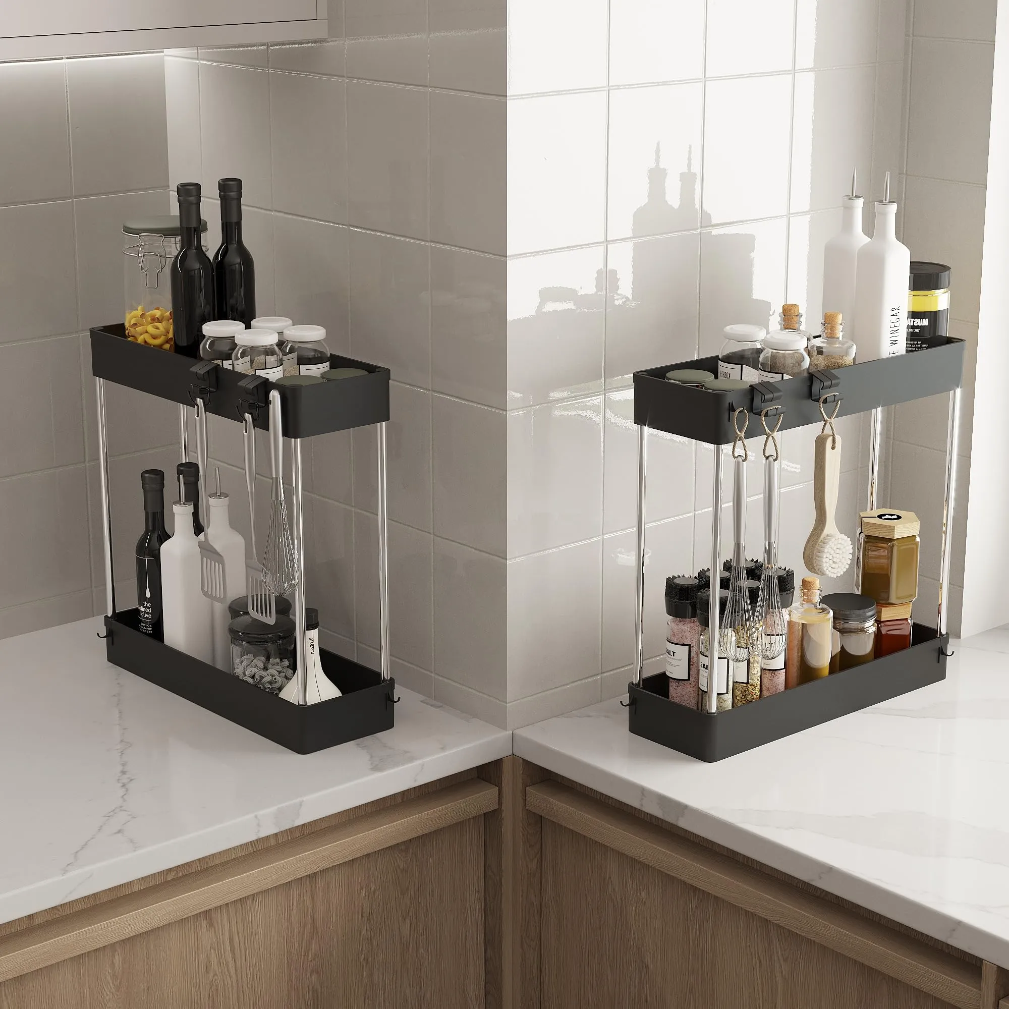 Under Sink Organizer, 2 Pack Under Sink Organizers and Storage, 2-tier Bathroom Cabinet Organizer with Hooks, Kitchen Organizers and Storage for Bathroom, Laundry, Pantry
