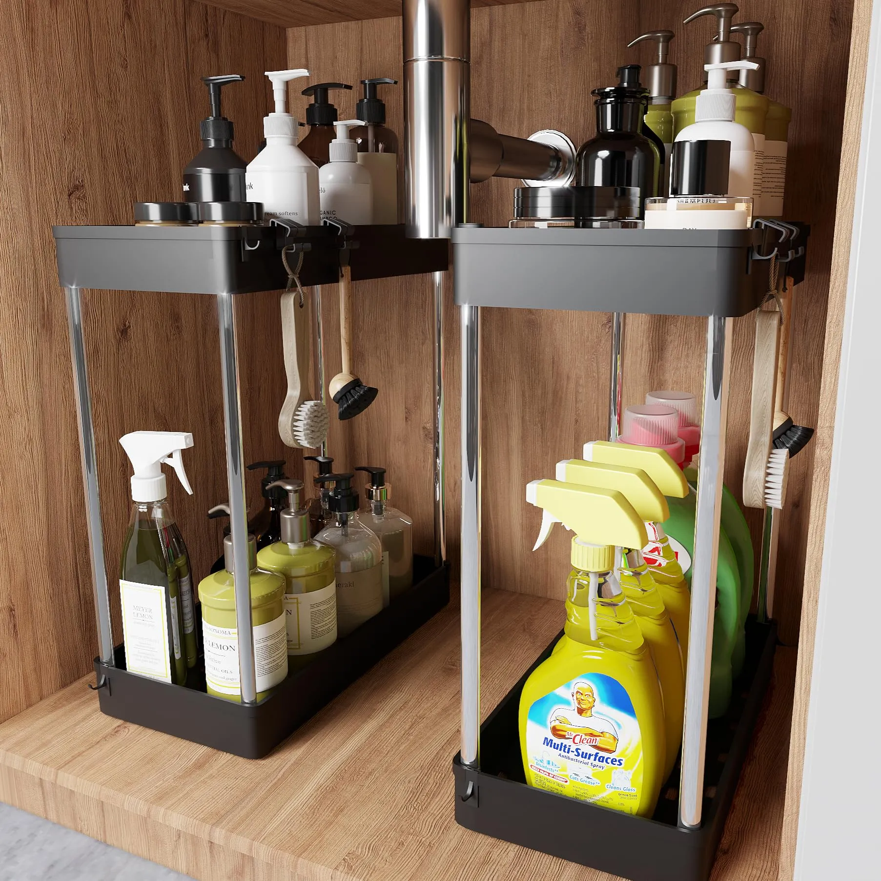 Under Sink Organizer, 2 Pack Under Sink Organizers and Storage, 2-tier Bathroom Cabinet Organizer with Hooks, Kitchen Organizers and Storage for Bathroom, Laundry, Pantry