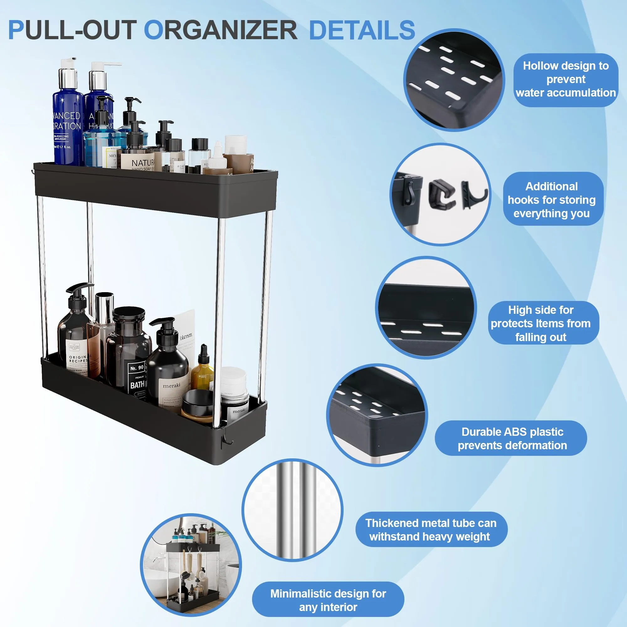 Under Sink Organizer, 2 Pack Under Sink Organizers and Storage, 2-tier Bathroom Cabinet Organizer with Hooks, Kitchen Organizers and Storage for Bathroom, Laundry, Pantry