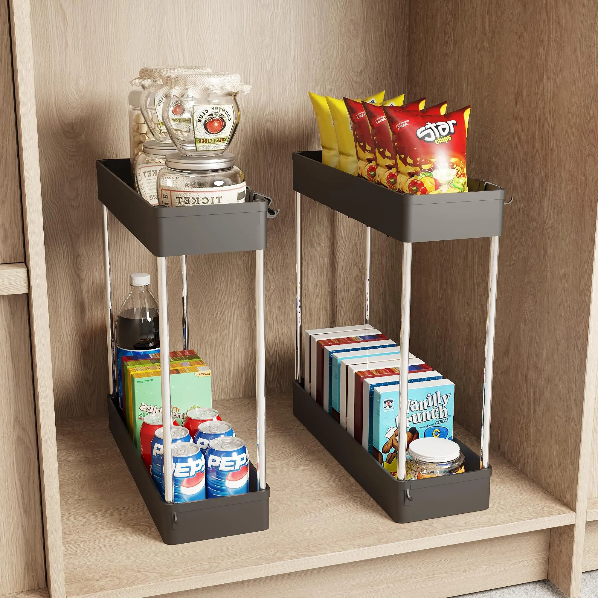 Under Sink Organizer, 2 Pack Under Sink Organizers and Storage, 2-tier Bathroom Cabinet Organizer with Hooks, Kitchen Organizers and Storage for Bathroom, Laundry, Pantry