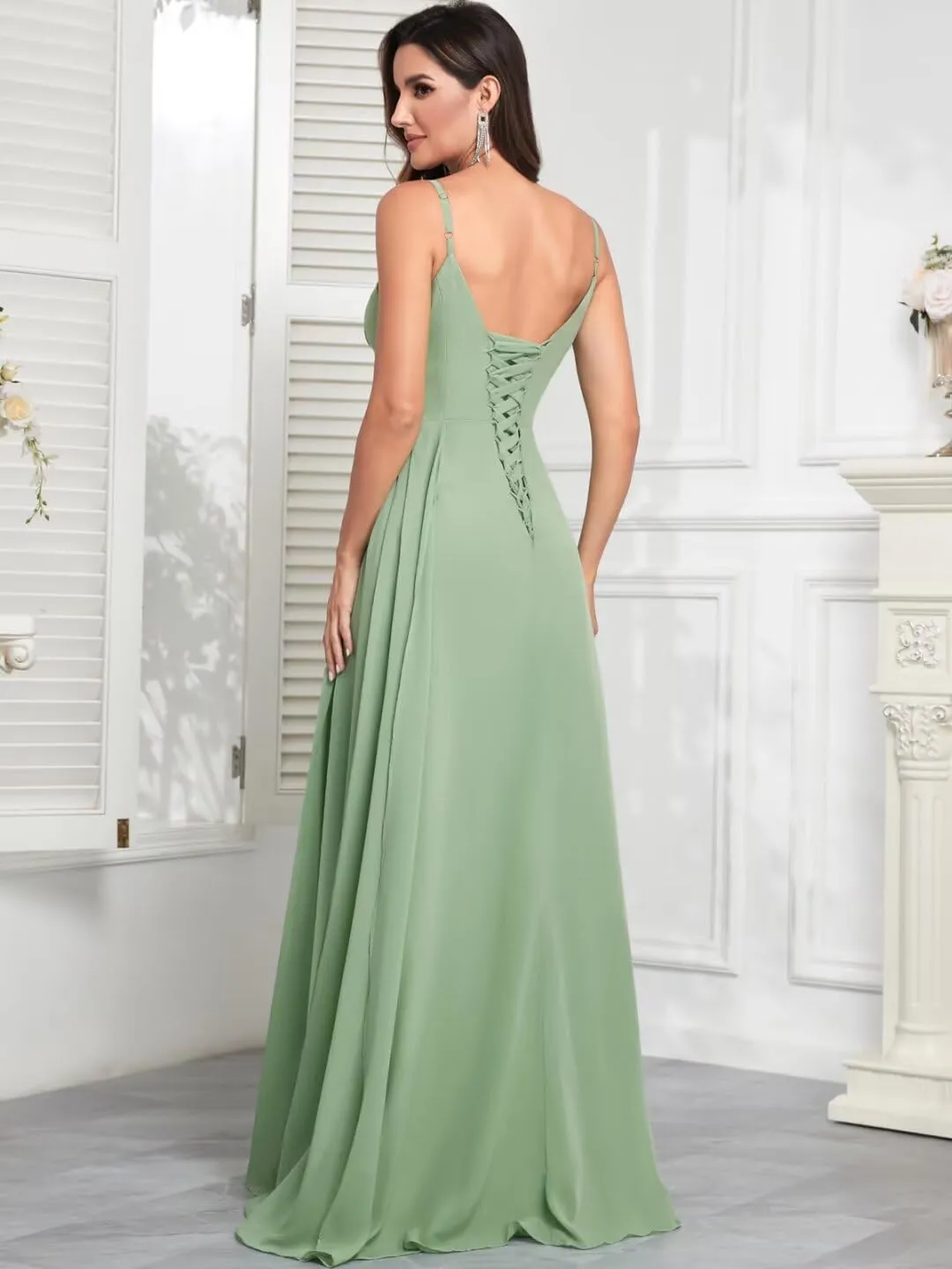 V-Neck Chiffon Long Bridesmaid Dress with Slit Spaghetti Strap Ruched A-Line Formal Evening Gowns