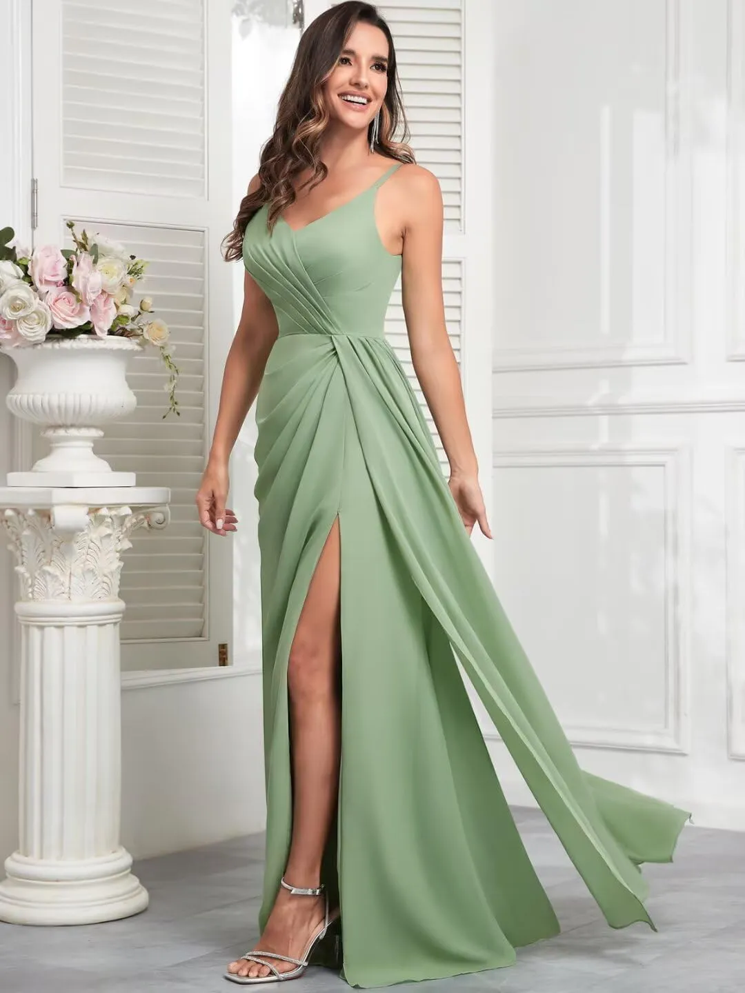 V-Neck Chiffon Long Bridesmaid Dress with Slit Spaghetti Strap Ruched A-Line Formal Evening Gowns