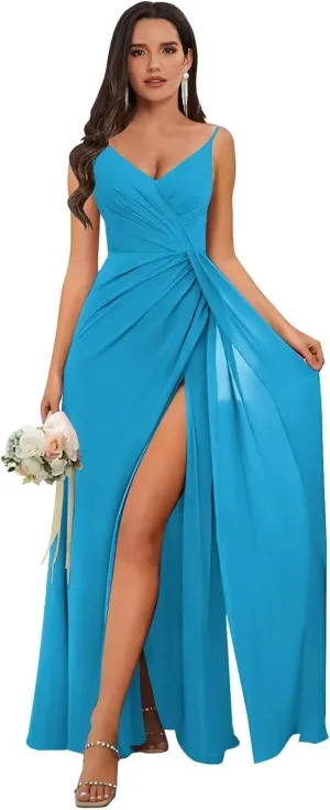 V-Neck Chiffon Long Bridesmaid Dress with Slit Spaghetti Strap Ruched A-Line Formal Evening Gowns