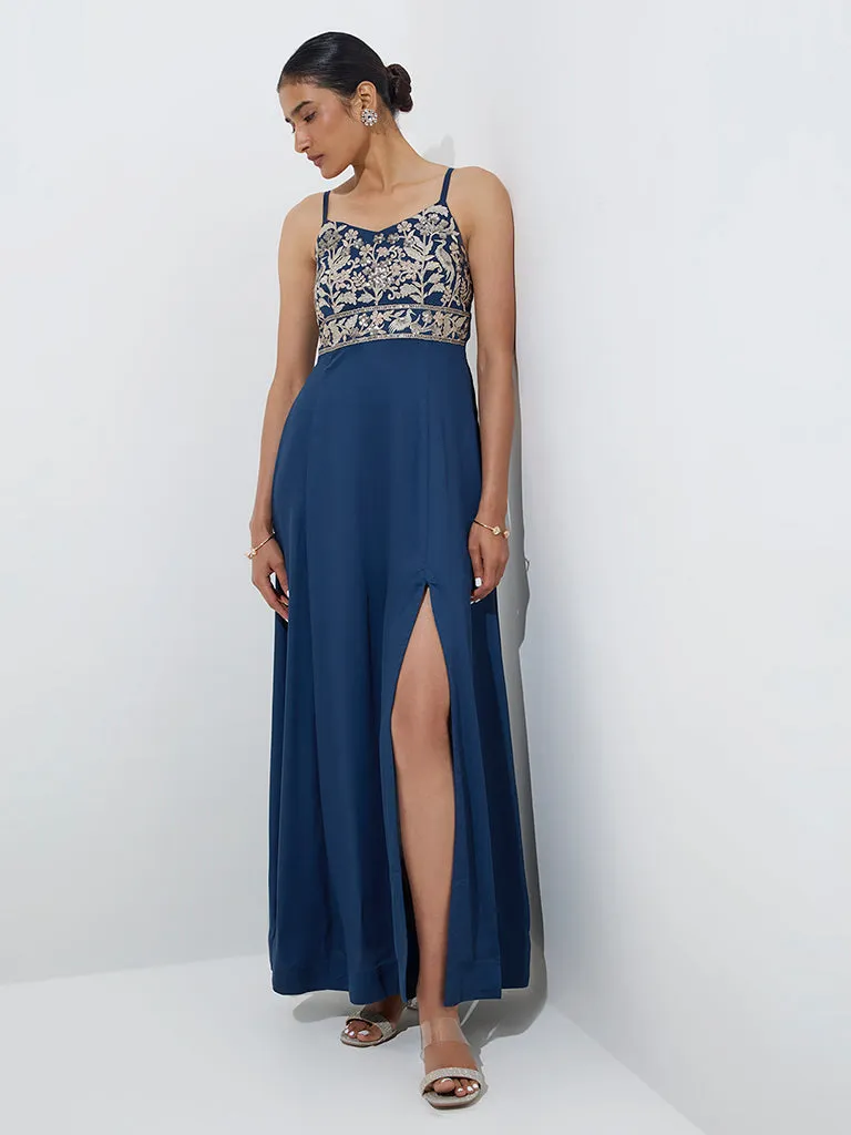 Vark Teal Embroidered A-Line Dress