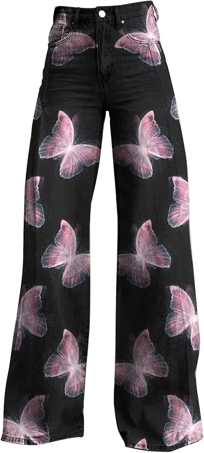 Vintage Printed Wide Leg Pants for Women Casual Floral Print Palazzo Pants High Waisted Bootcut Imitation Denim Pants