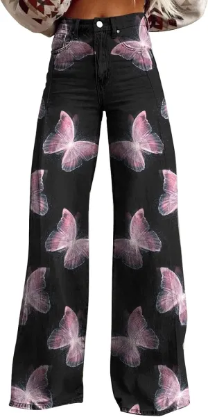 Vintage Printed Wide Leg Pants for Women Casual Floral Print Palazzo Pants High Waisted Bootcut Imitation Denim Pants