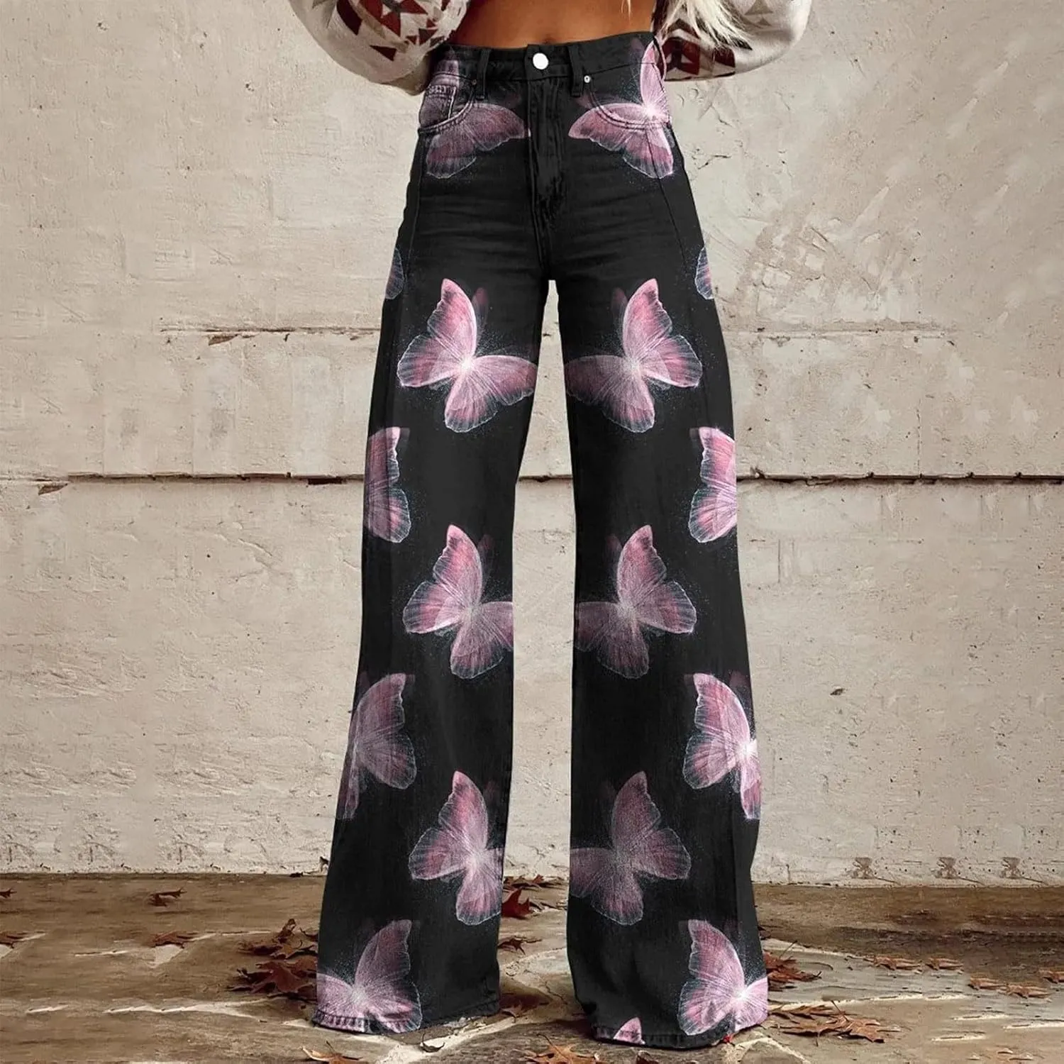 Vintage Printed Wide Leg Pants for Women Casual Floral Print Palazzo Pants High Waisted Bootcut Imitation Denim Pants