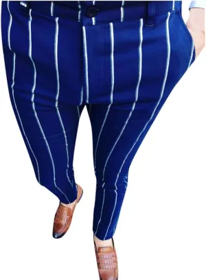 WABEOR Men's Slim Fit Chino Pants Fashion Striped Flat-Front Business Casual Trousers Contrast Color Stretch Skinny Pants Blue