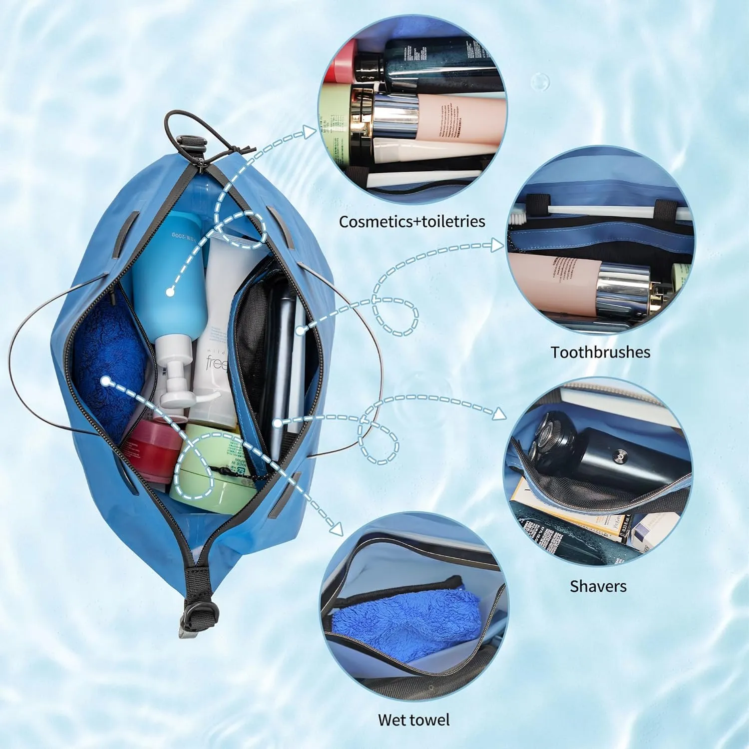 Waterproof Toiletry Bag for Travel, Zipper Styles, 40D Nylon Toiletry Organizer Bags with Shoulder Straps for Men Women, Travel Accessories1 PACK,Blue