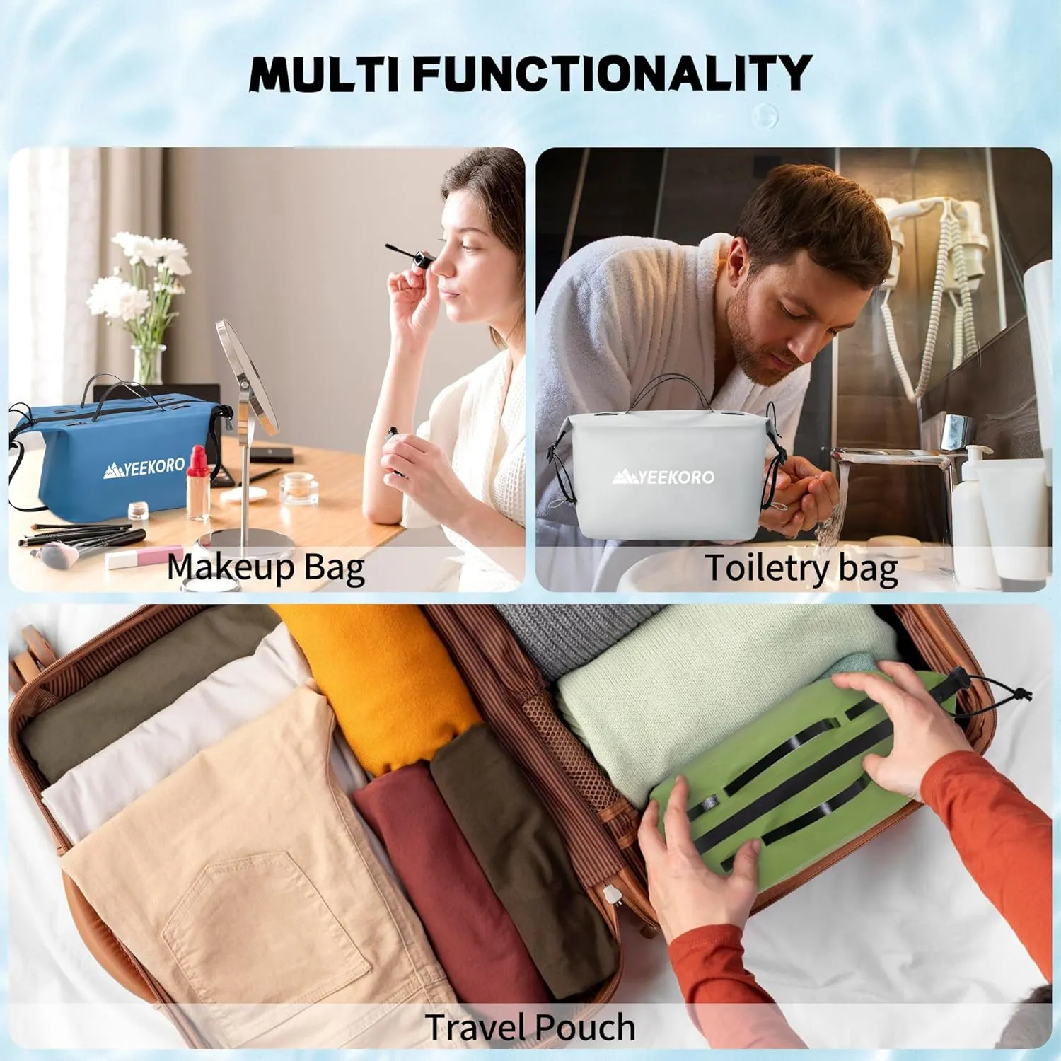 Waterproof Toiletry Bag for Travel, Zipper Styles, 40D Nylon Toiletry Organizer Bags with Shoulder Straps for Men Women, Travel Accessories1 PACK,Blue