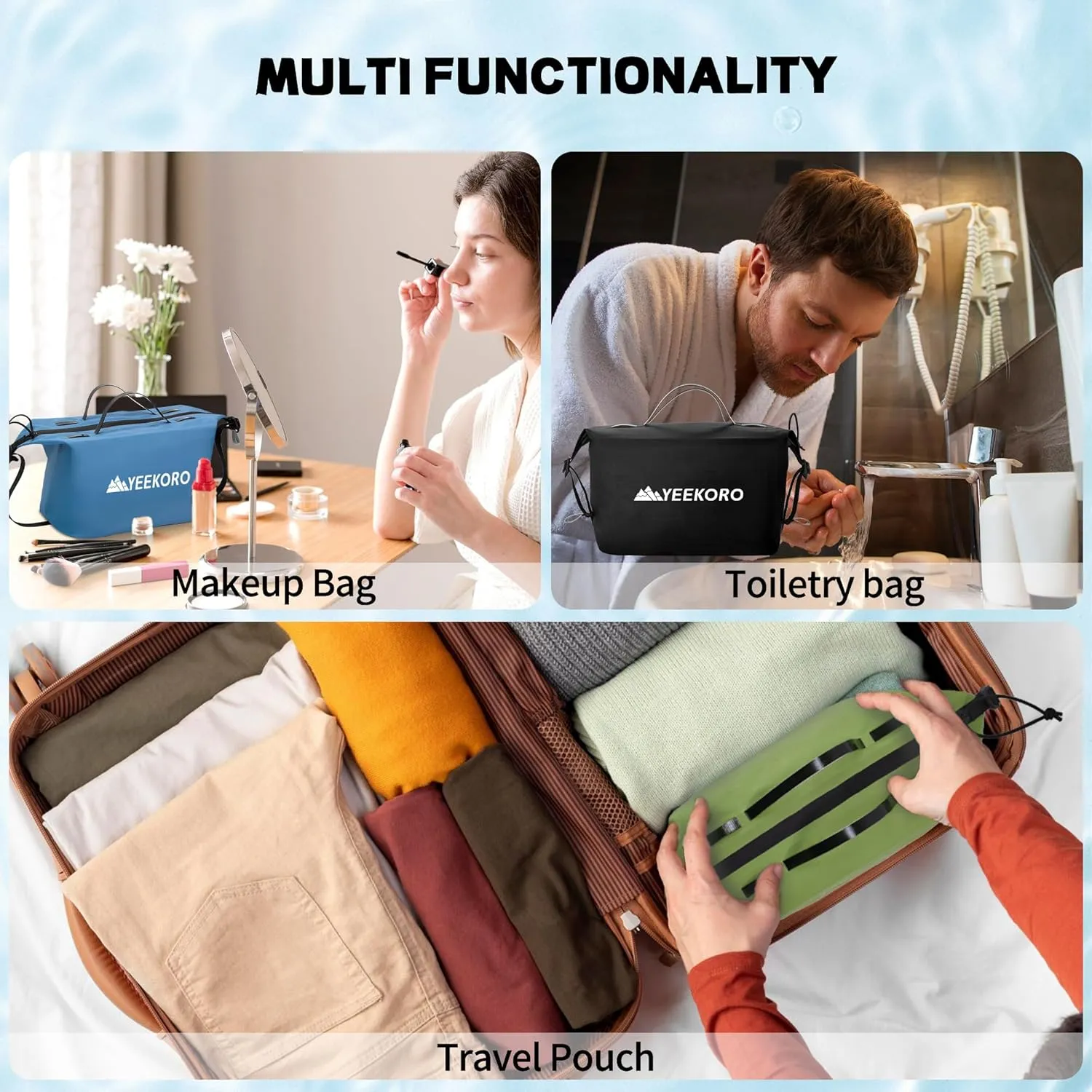 Waterproof Toiletry Bag for Travel, Zipper Styles, 40D Nylon Toiletry Organizer Bags with Shoulder Straps for Men Women, Travel Accessories2 PACK,Black
