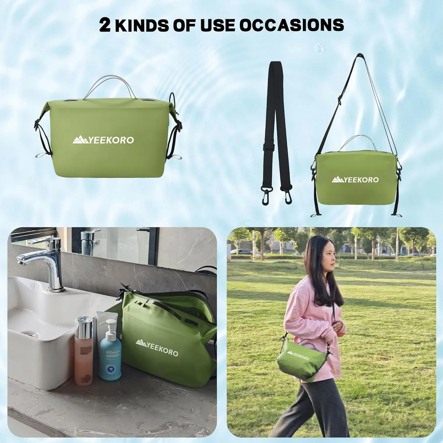 Waterproof Toiletry Bag for Travel, Zipper Styles, 40D Nylon Toiletry Organizer Bags with Shoulder Straps for Men Women, Travel Accessories2 PACK,Green