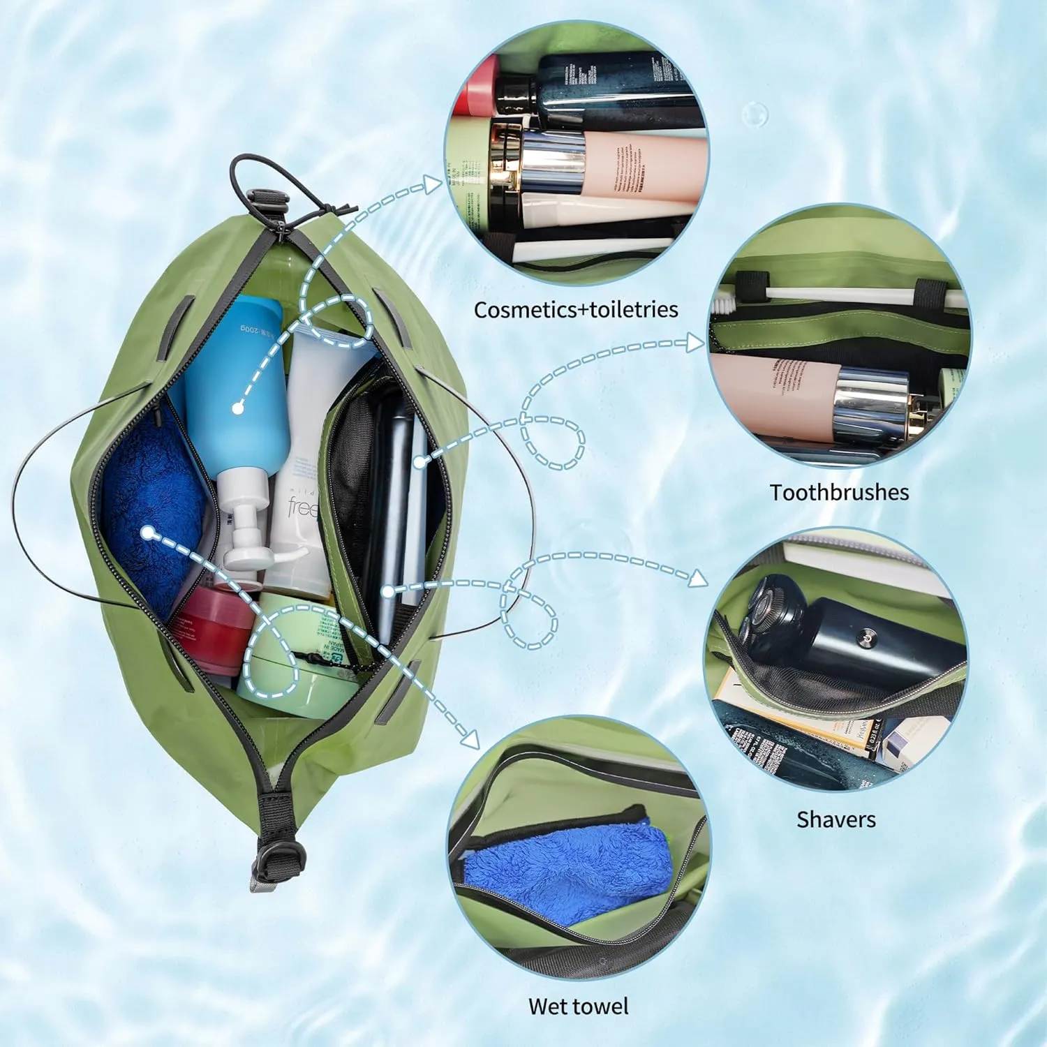 Waterproof Toiletry Bag for Travel, Zipper Styles, 40D Nylon Toiletry Organizer Bags with Shoulder Straps for Men Women, Travel Accessories2 PACK,Green