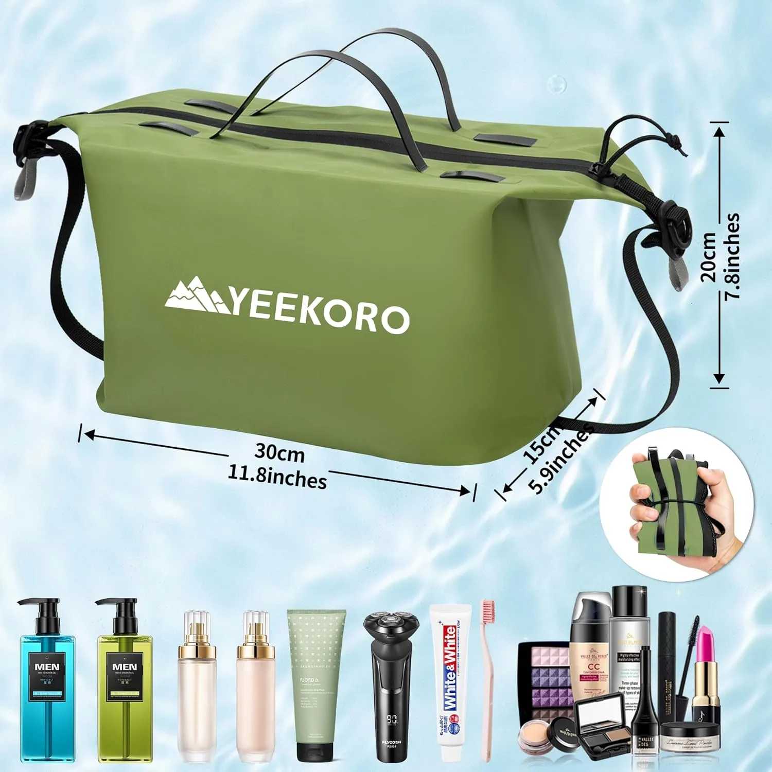 Waterproof Toiletry Bag for Travel, Zipper Styles, 40D Nylon Toiletry Organizer Bags with Shoulder Straps for Men Women, Travel Accessories2 PACK,Green