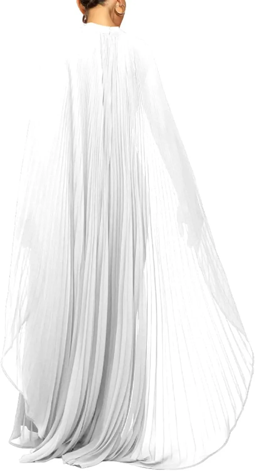 watersouprty Women's Mock Neck Cloak Sleeve Pleated Flowy Party Long Dress Wedding Guest Dresses