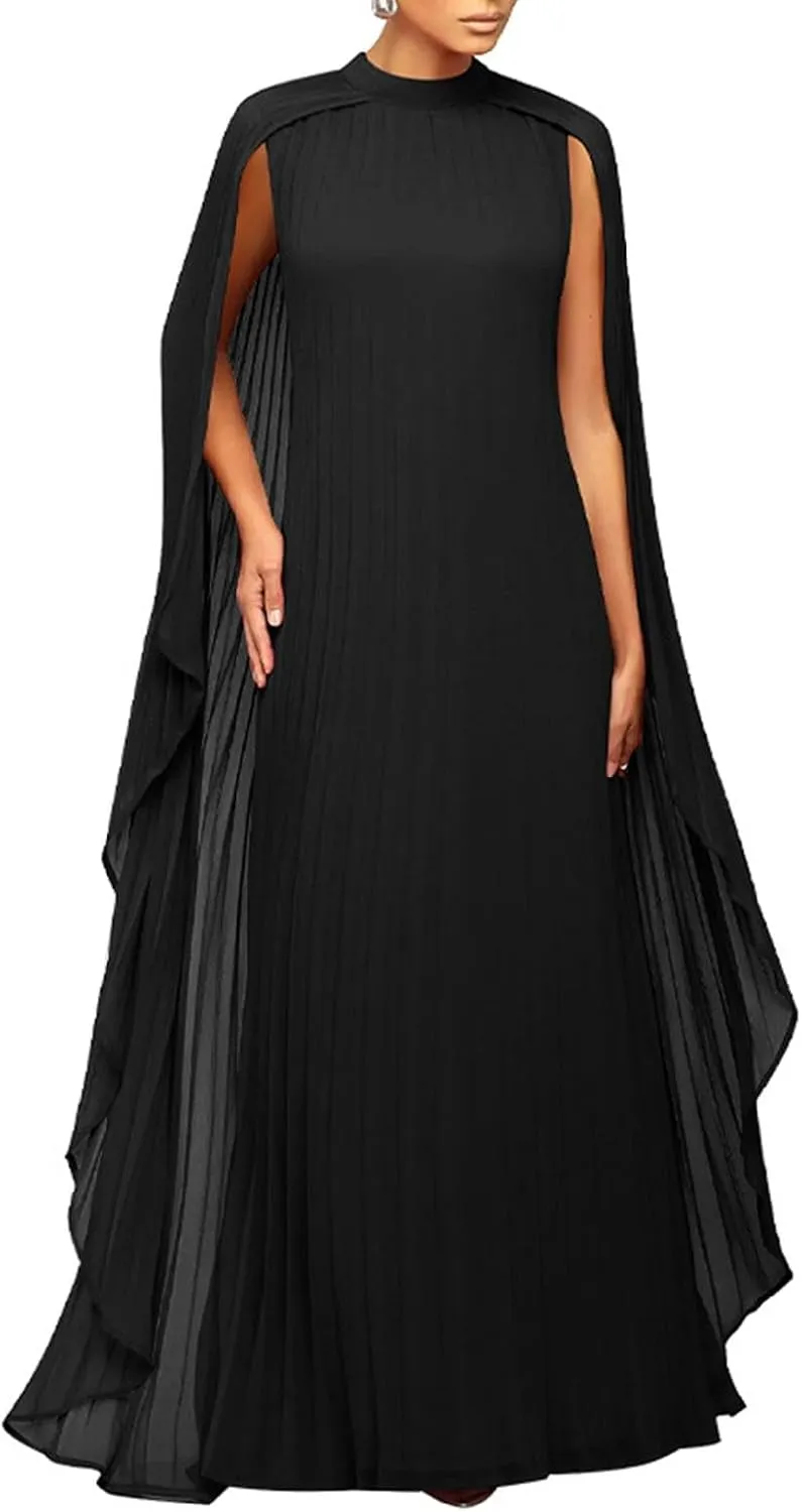 watersouprty Women's Mock Neck Cloak Sleeve Pleated Flowy Party Long Dress Wedding Guest Dresses