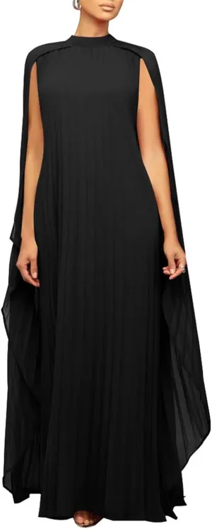 watersouprty Women's Mock Neck Cloak Sleeve Pleated Flowy Party Long Dress Wedding Guest Dresses