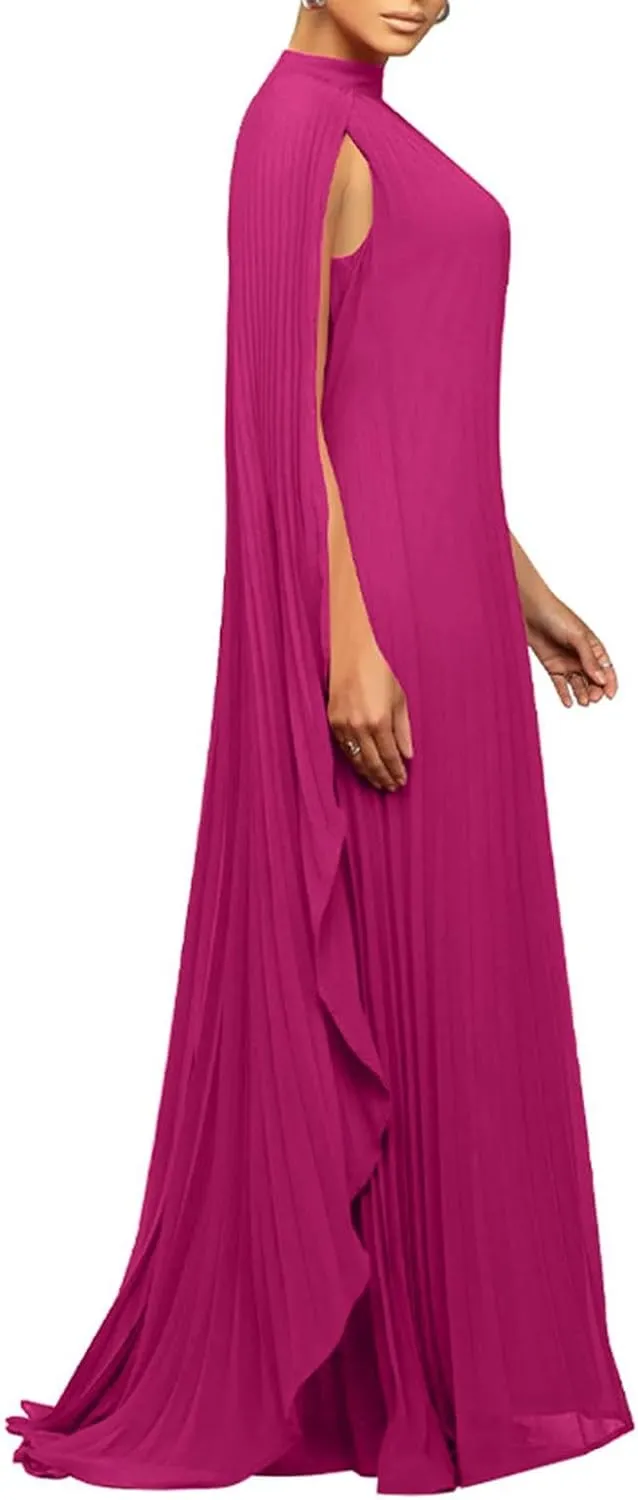 watersouprty Women's Mock Neck Cloak Sleeve Pleated Flowy Party Long Dress Wedding Guest Dresses