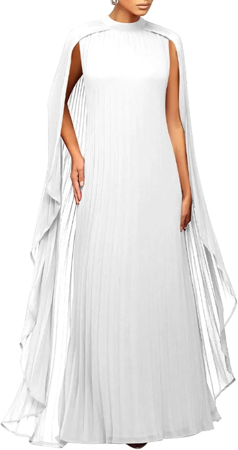 watersouprty Women's Mock Neck Cloak Sleeve Pleated Flowy Party Long Dress Wedding Guest Dresses