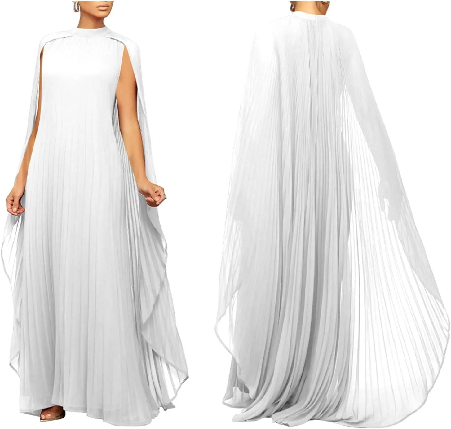 watersouprty Women's Mock Neck Cloak Sleeve Pleated Flowy Party Long Dress Wedding Guest Dresses