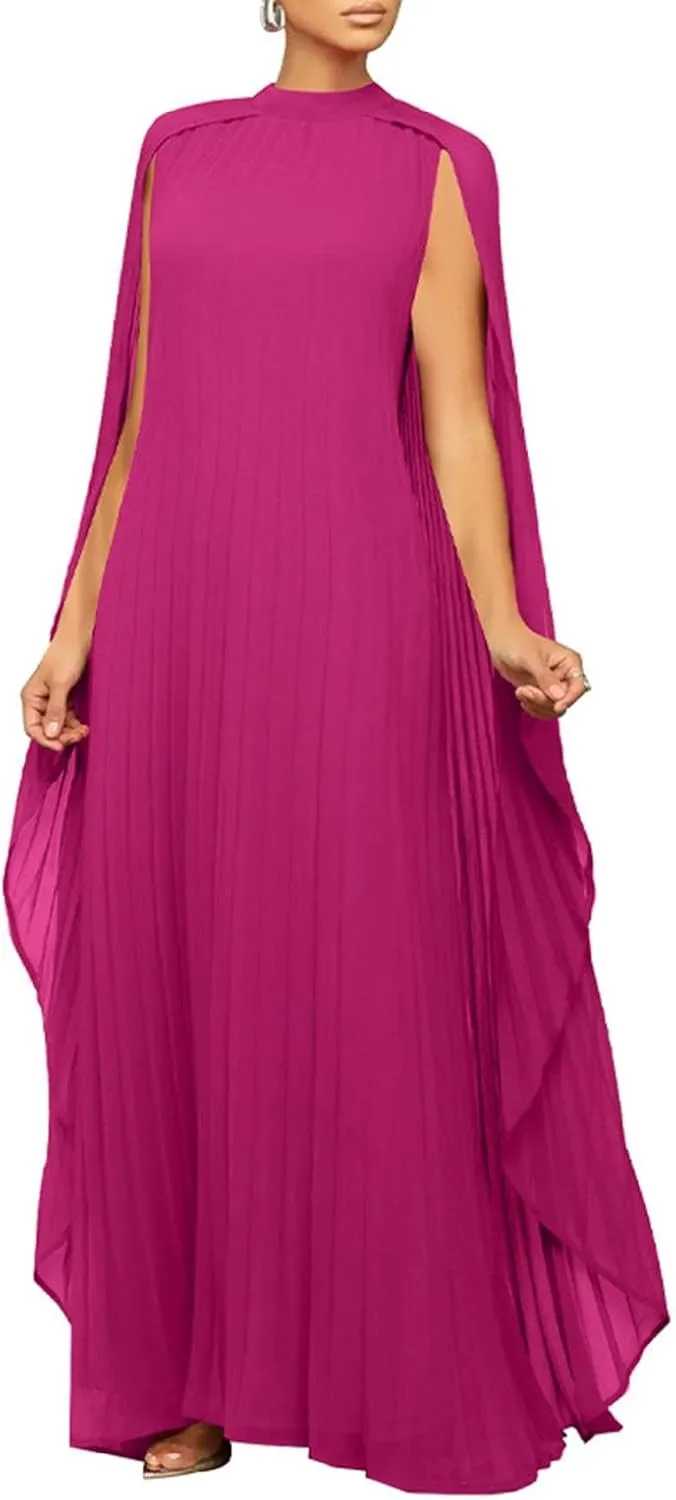 watersouprty Women's Mock Neck Cloak Sleeve Pleated Flowy Party Long Dress Wedding Guest Dresses