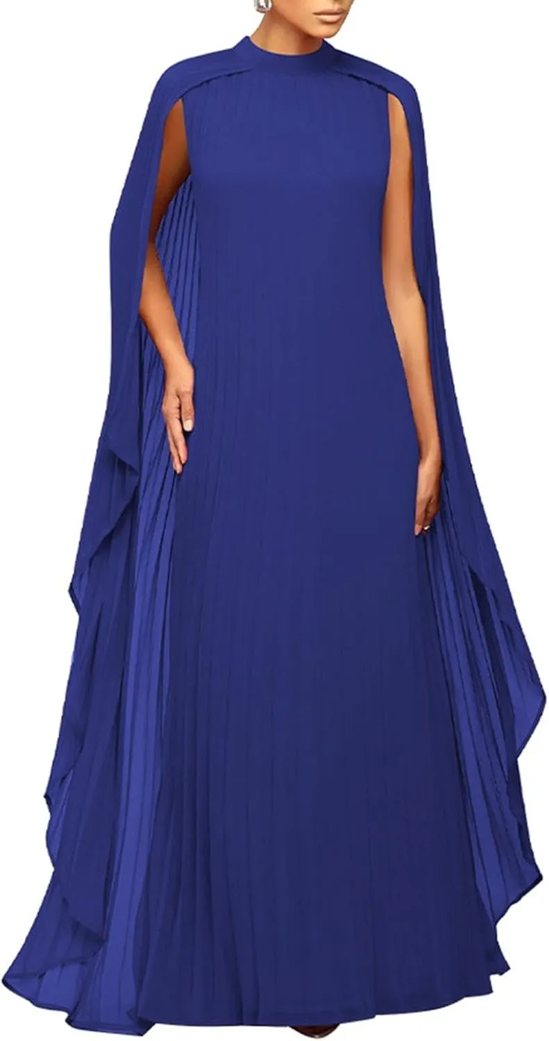 watersouprty Women's Mock Neck Cloak Sleeve Pleated Flowy Party Long Dress Wedding Guest Dresses