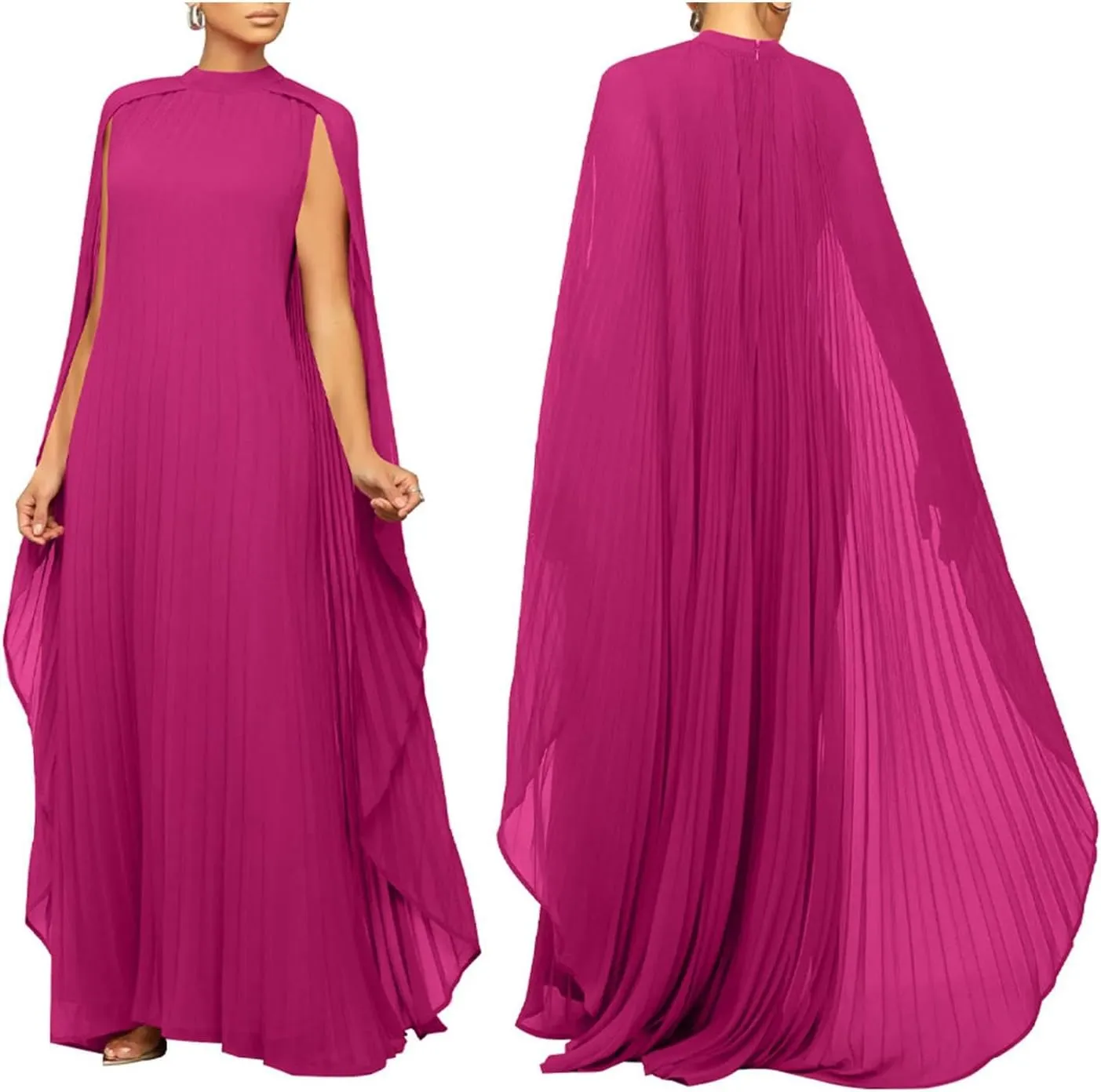watersouprty Women's Mock Neck Cloak Sleeve Pleated Flowy Party Long Dress Wedding Guest Dresses