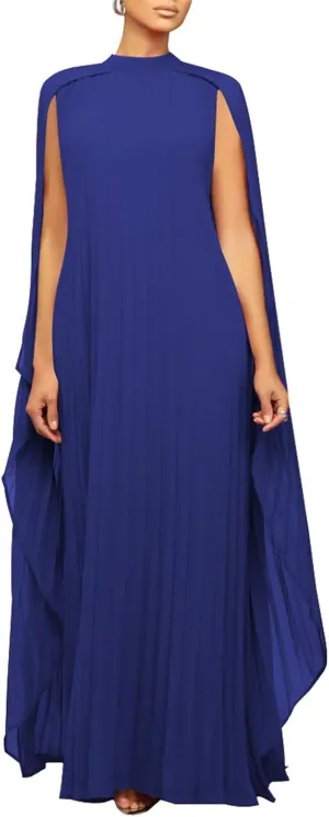 watersouprty Women's Mock Neck Cloak Sleeve Pleated Flowy Party Long Dress Wedding Guest Dresses