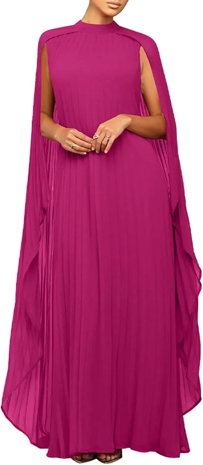 watersouprty Women's Mock Neck Cloak Sleeve Pleated Flowy Party Long Dress Wedding Guest Dresses