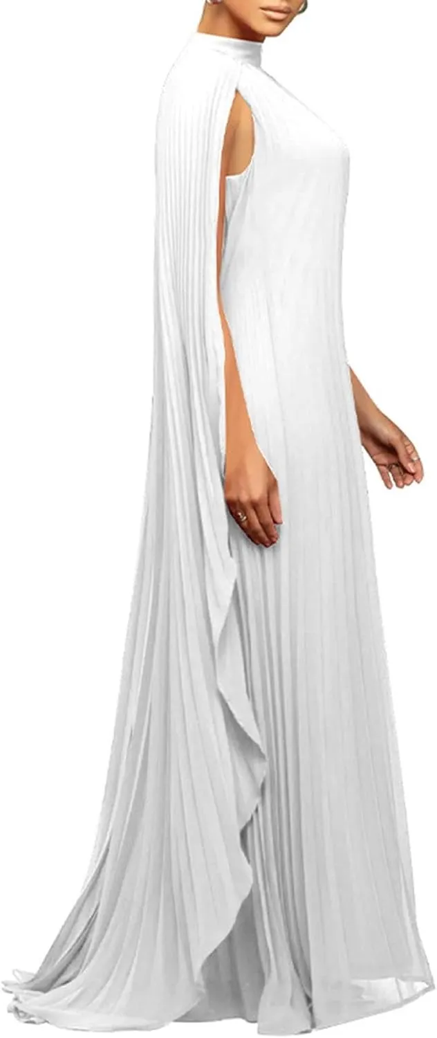 watersouprty Women's Mock Neck Cloak Sleeve Pleated Flowy Party Long Dress Wedding Guest Dresses