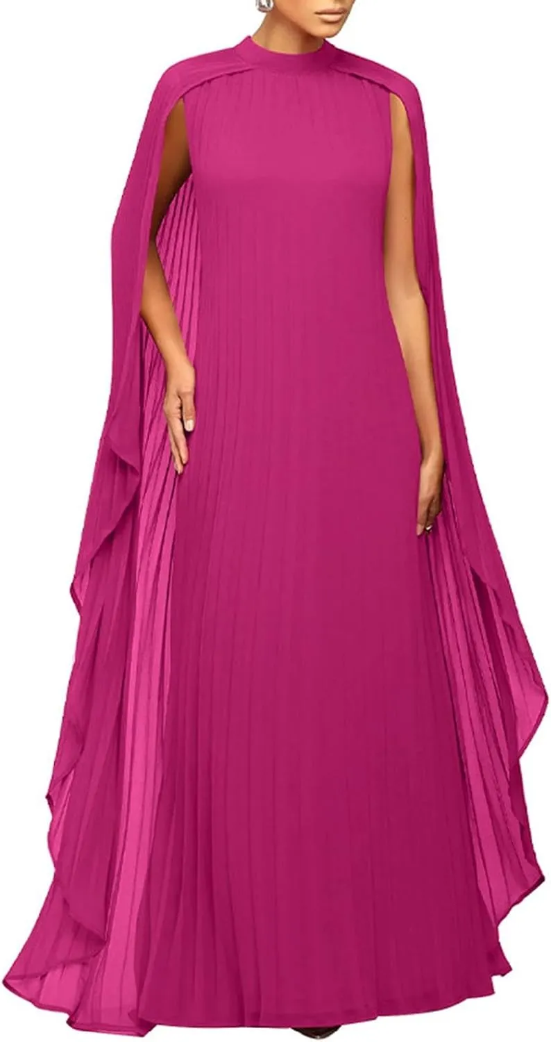 watersouprty Women's Mock Neck Cloak Sleeve Pleated Flowy Party Long Dress Wedding Guest Dresses