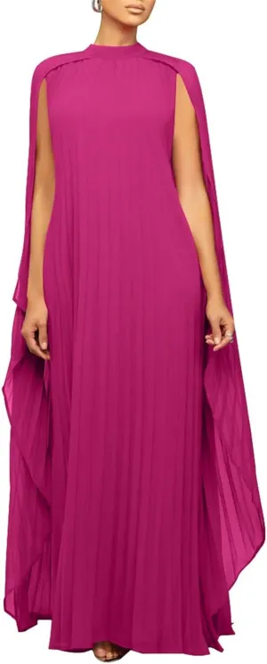 watersouprty Women's Mock Neck Cloak Sleeve Pleated Flowy Party Long Dress Wedding Guest Dresses