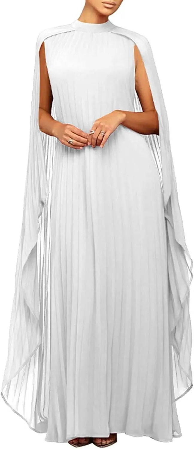 watersouprty Women's Mock Neck Cloak Sleeve Pleated Flowy Party Long Dress Wedding Guest Dresses